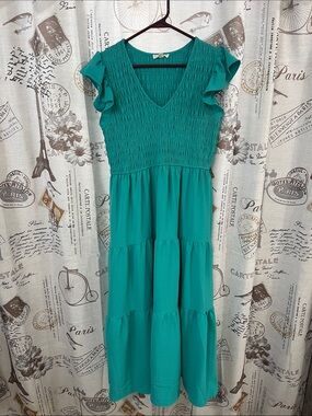 Smocked V-Neck Tiered Maxi Dress in Teal - Women's